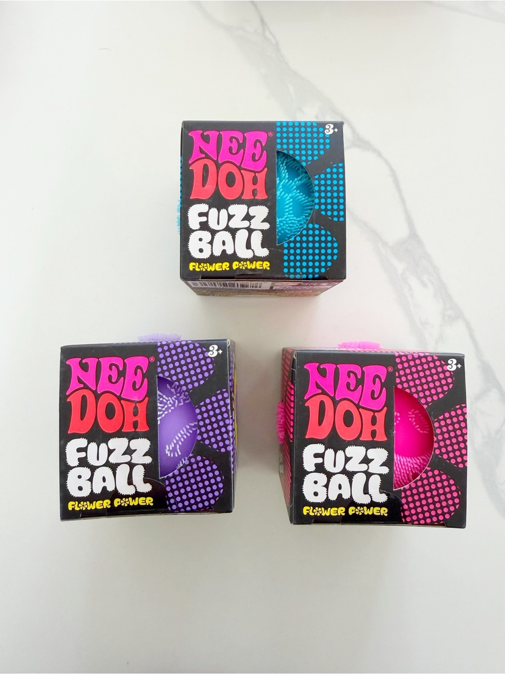 NeeDoh Fuzz Ball Flower Power Set of 3 Sealed Pink Purple Blue Rare Colors